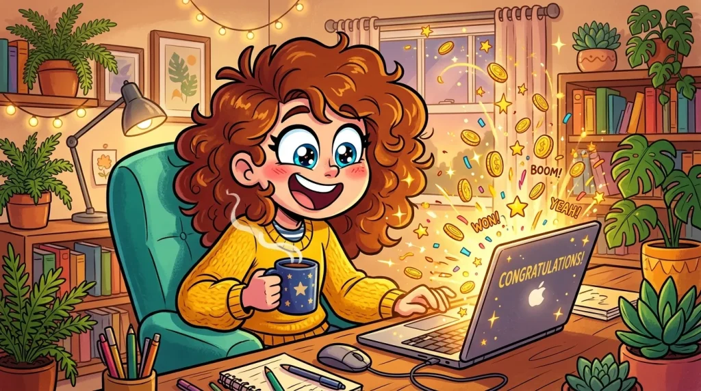 Femme joyeuse avec cheveux roux célébrant devant son ordinateur