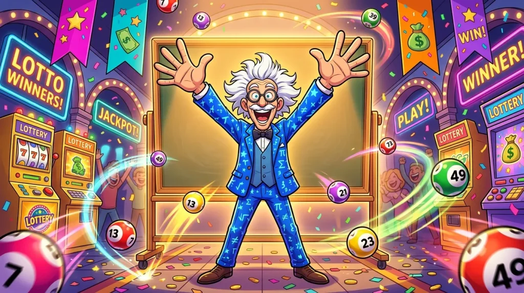 Homme excité célébrant sa victoire à la loterie entouré de machines