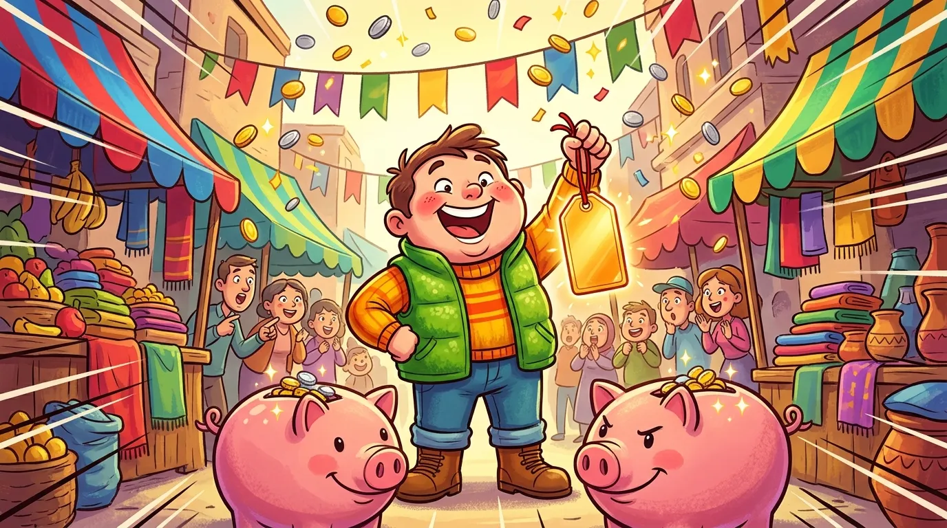 Enfant heureux célébrant avec tirelires cochons et foule festive