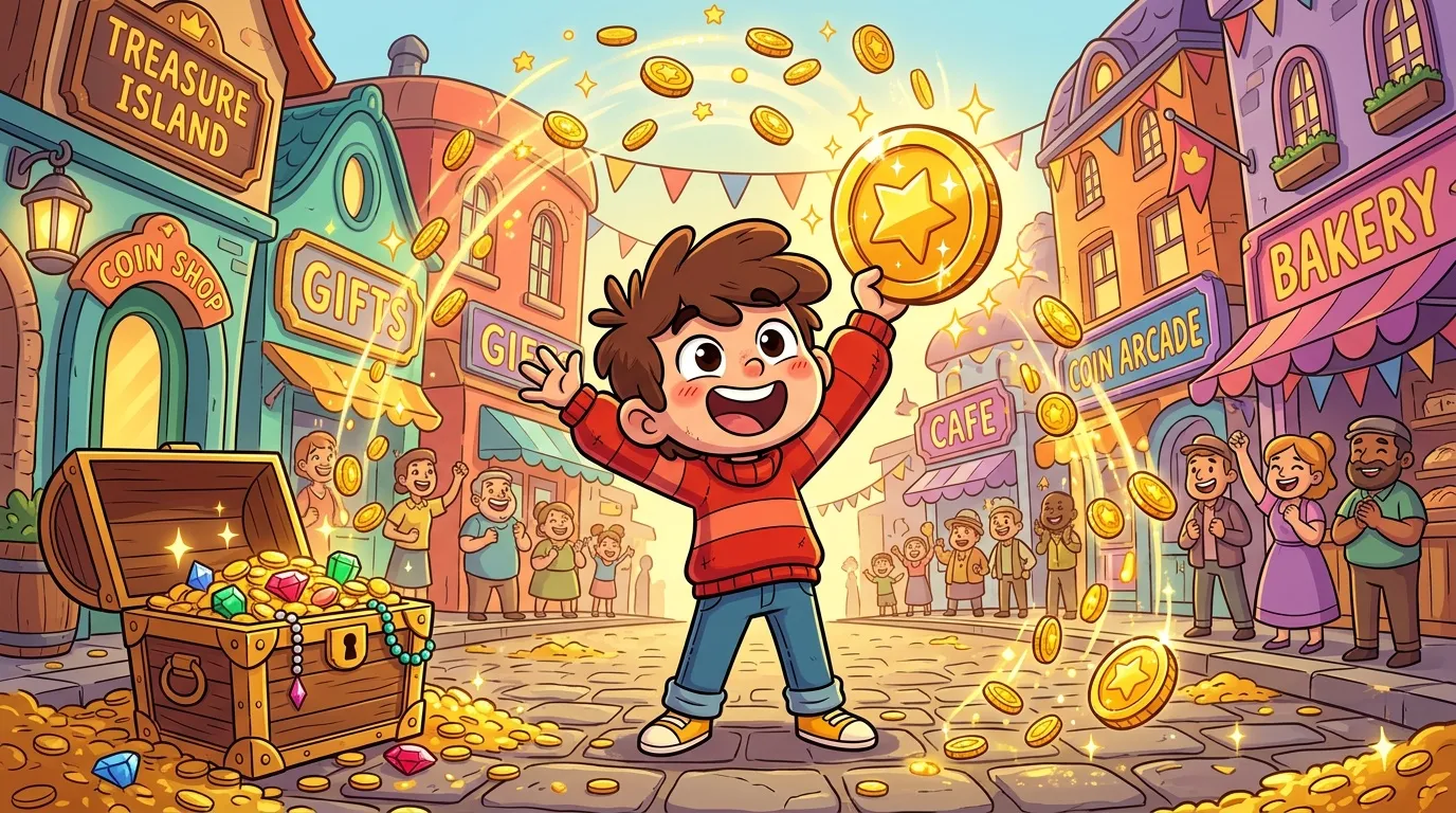 Enfant joyeux tenant pièce d'or dans rue colorée avec trésor