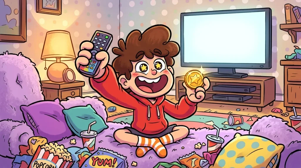 Enfant souriant entouré de snacks regardant la télé