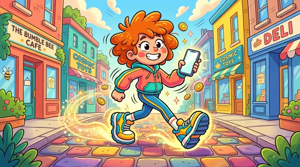 Enfant roux souriant avec téléphone dans rue commerçante colorée