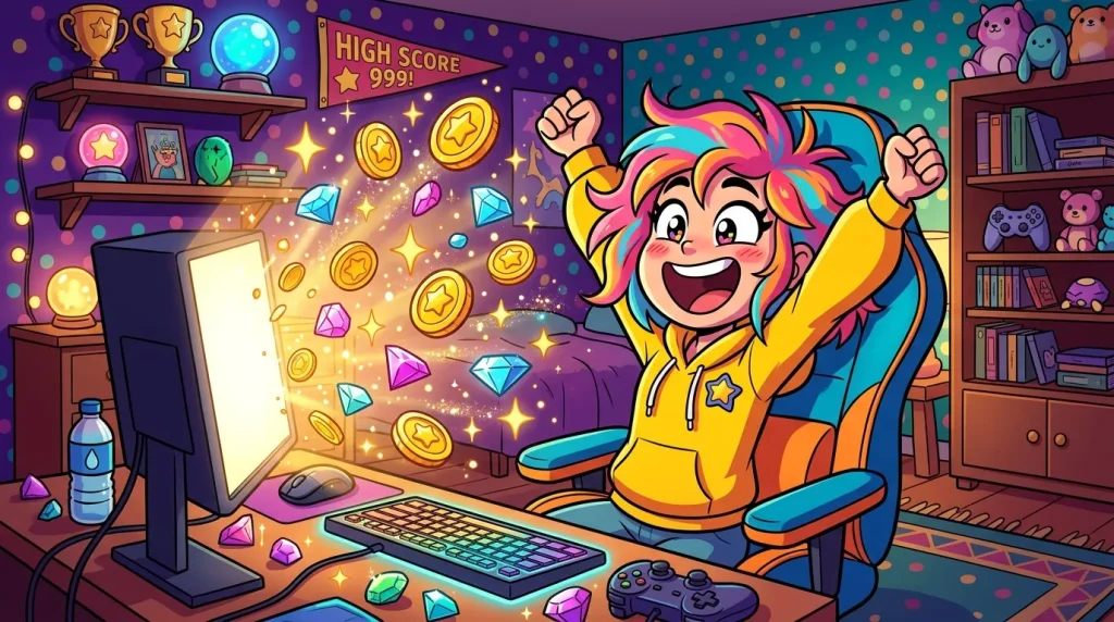 Jeune gamer jubilant devant son écran avec gains numériques