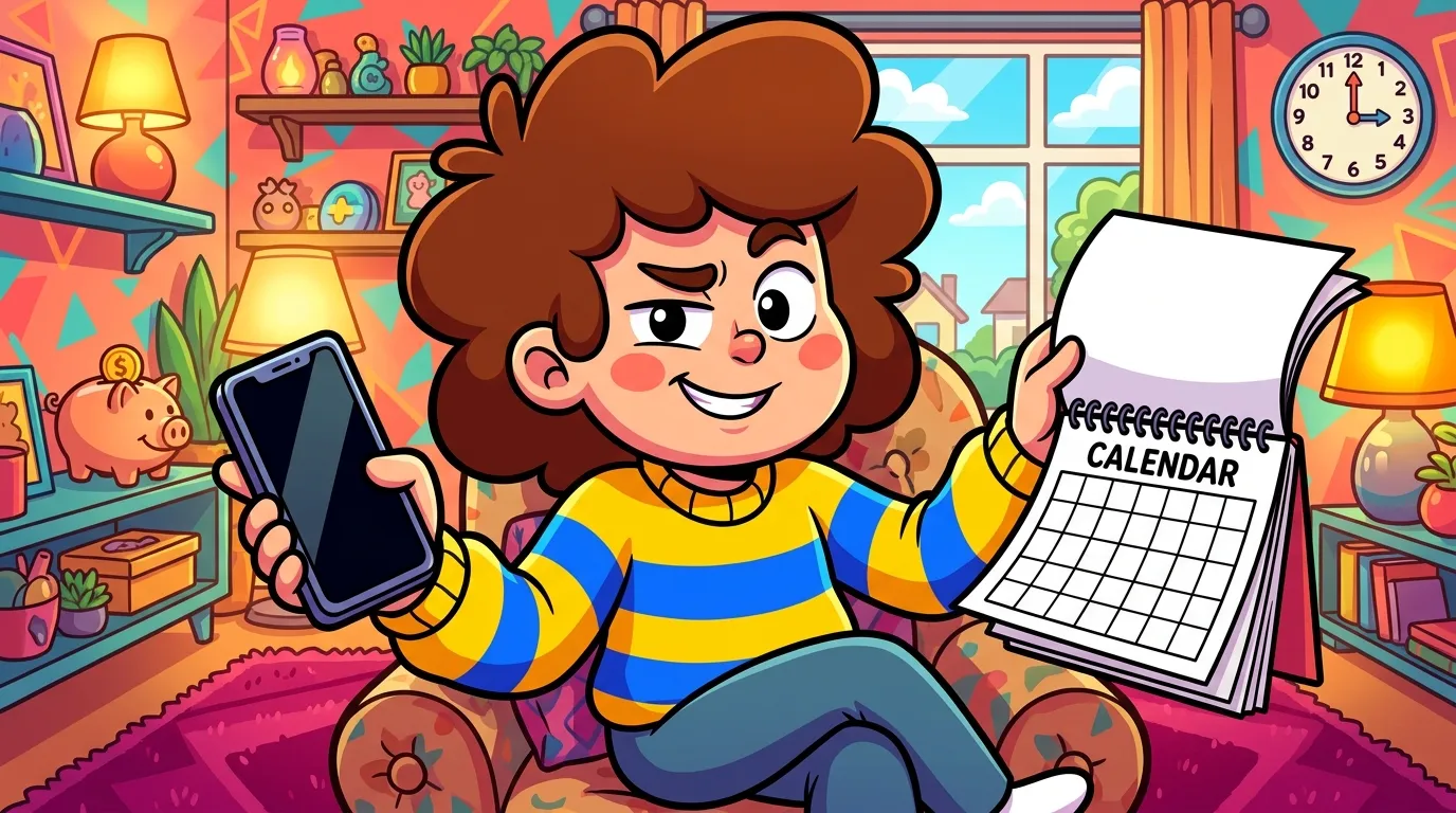 Femme souriante tenant téléphone et calendrier dans chambre colorée