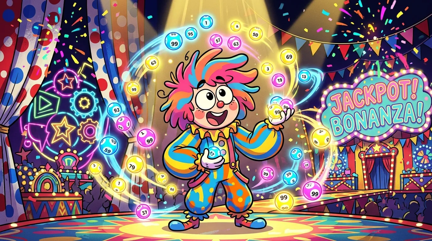 Clown joyeux jonglant avec balles numérotées de loterie