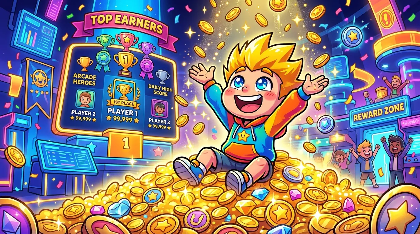 Personnage célèbre entouré de pièces d'or et récompenses