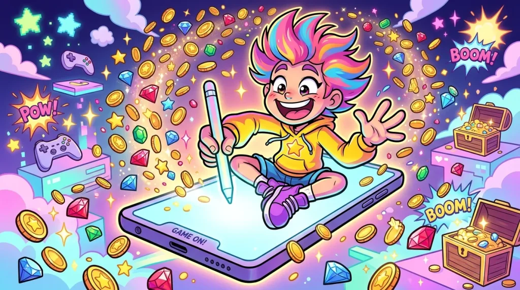 Enfant joyeux sur téléphone entouré de pièces et trésors