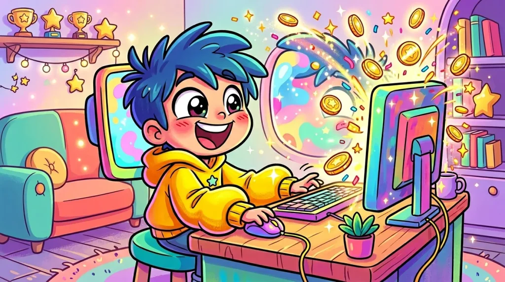 Enfant heureux à son ordinateur avec pluie de pièces d'or