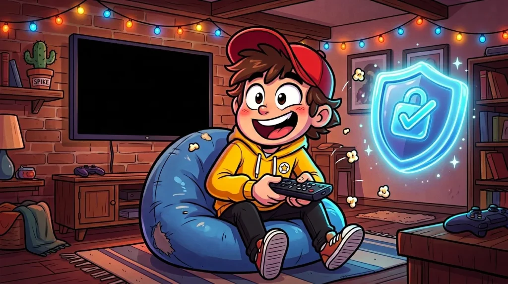 Enfant souriant jouant aux jeux vidéo dans un salon coloré