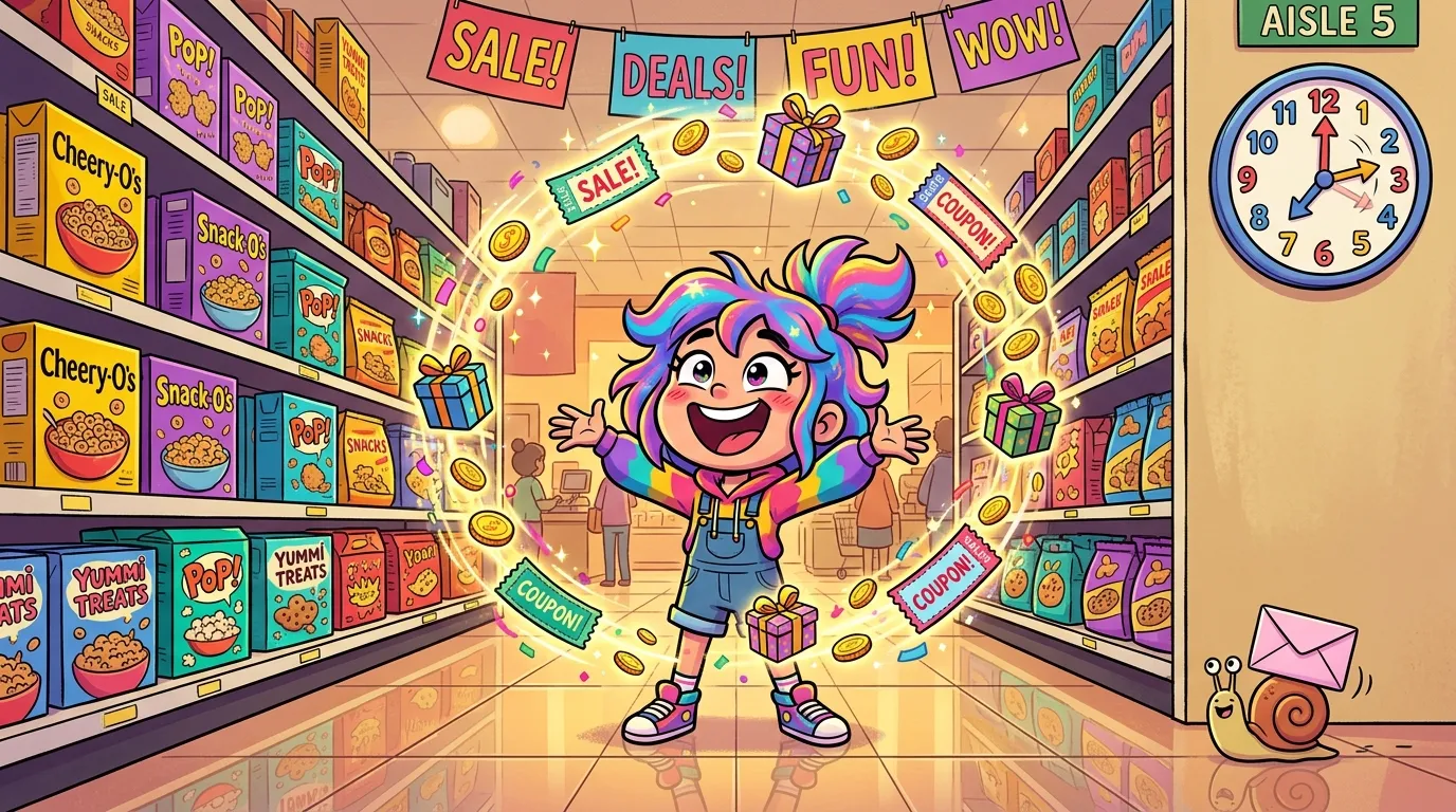 Enfant coloré célébrant les soldes au supermarché avec coupons
