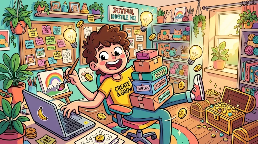 Jeune entrepreneur dans son bureau coloré gérant son entreprise créative
