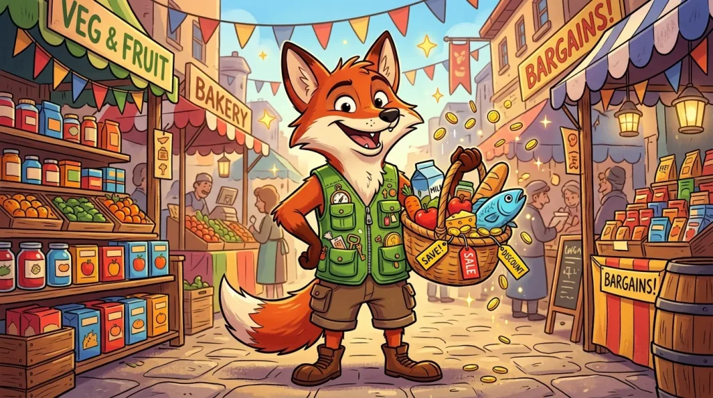 Renard souriant avec panier au marché coloré et animé.