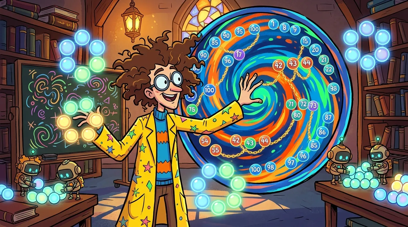 Scientifique entouré de nombres et d'énergie magique colorée.