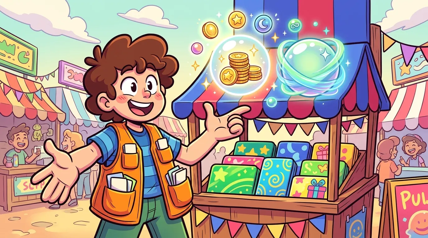 Vendeur joyeux présentant jeux et prix au marché coloré