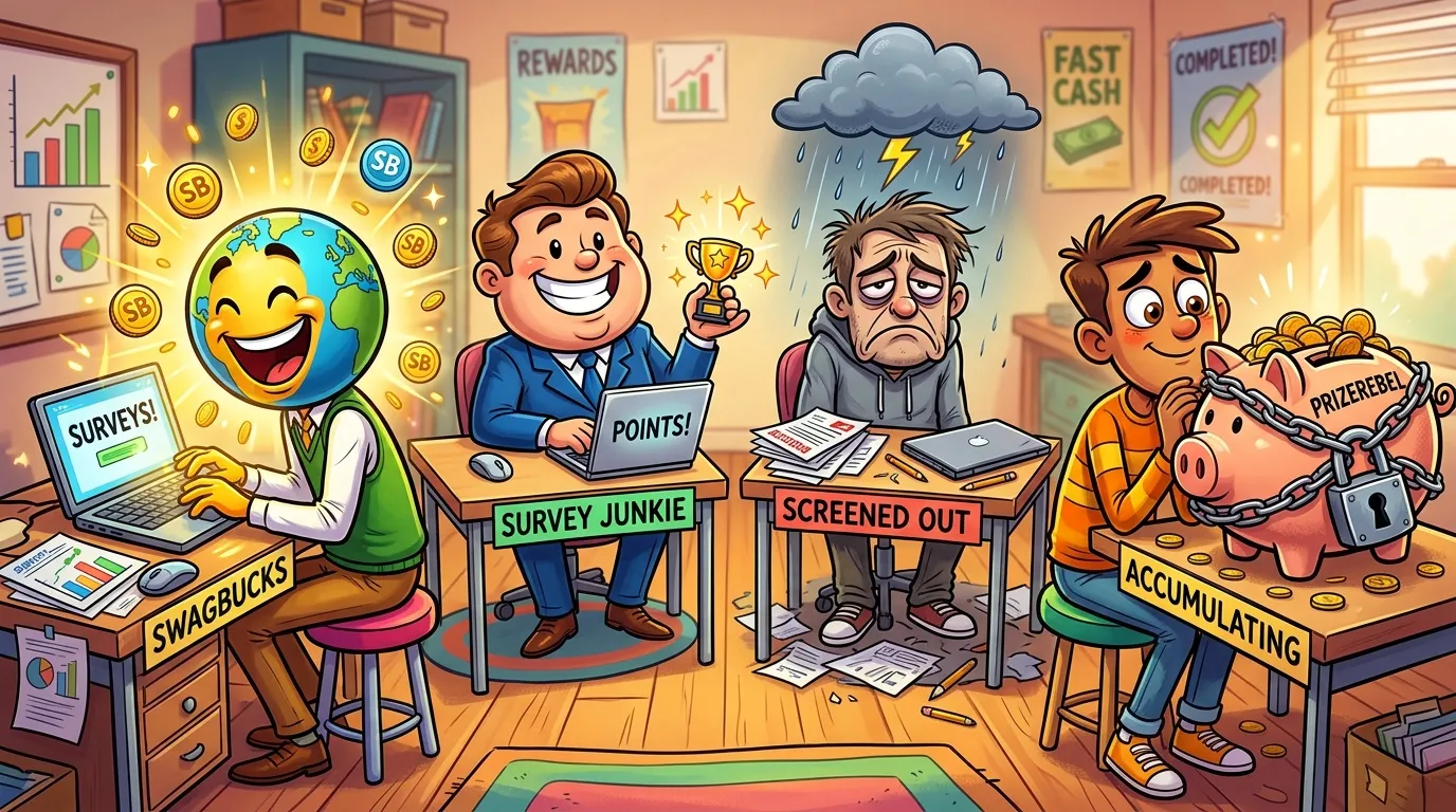 Illustration satirique montrant différents types d'utilisateurs de sondages en ligne.