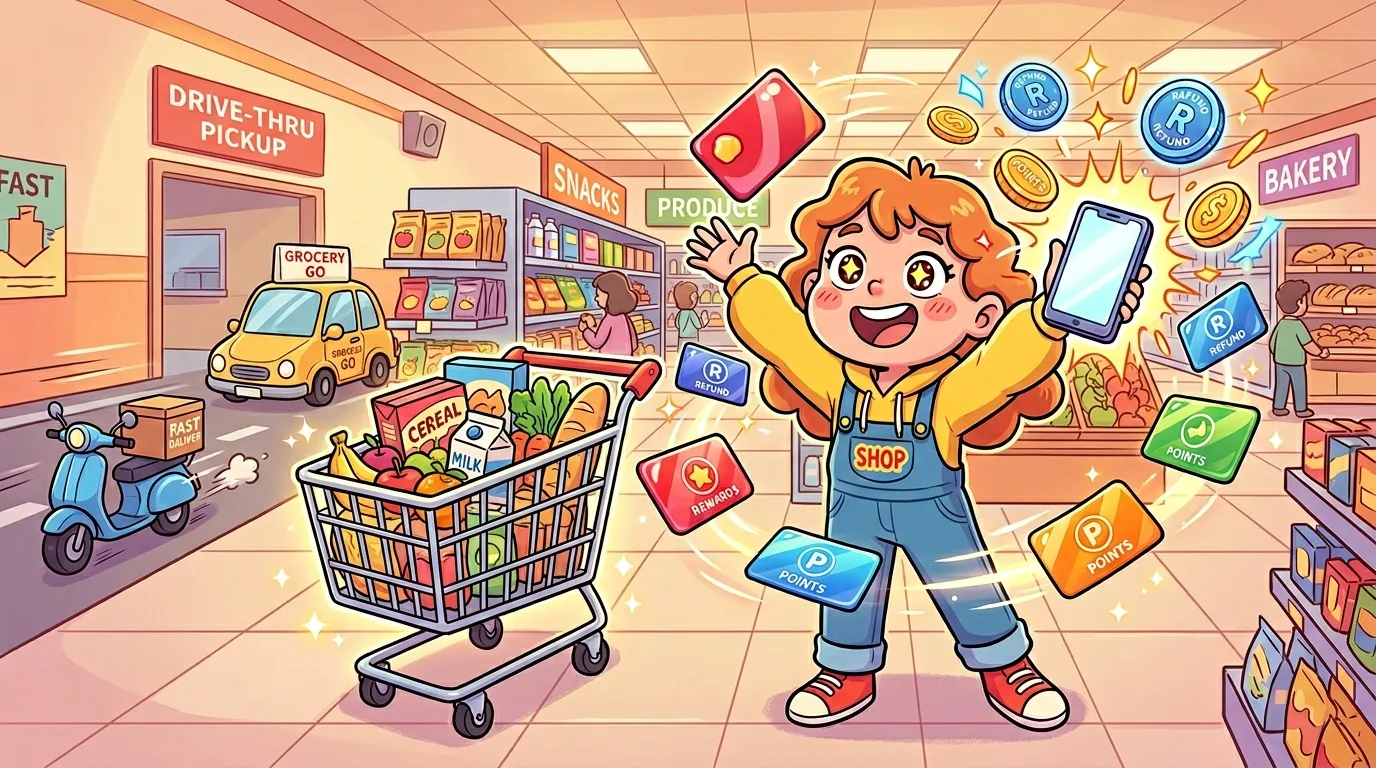 Femme joyeuse dans supermarché avec points de récompense et services