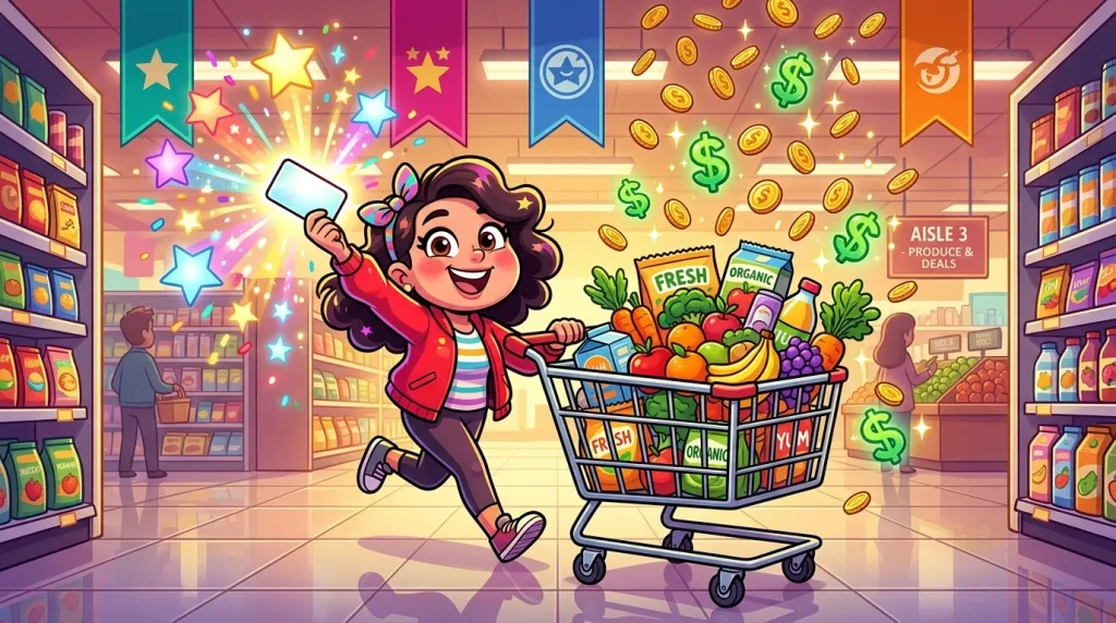 Femme enthousiaste avec chariot rempli de produits frais en supermarché