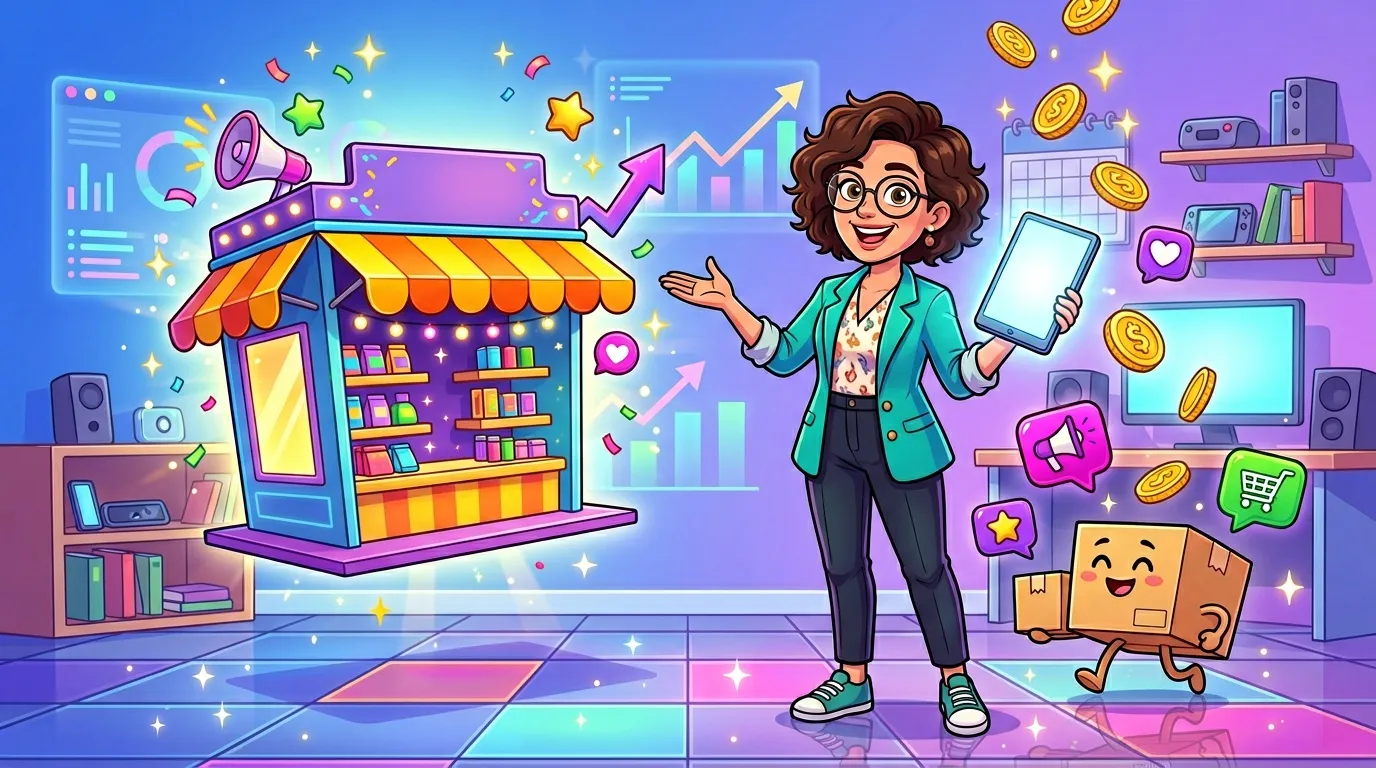 Femme entrepreneur devant boutique numérique avec symboles de vente