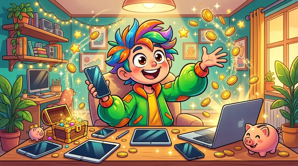 Jeune entrepreneur joyeux entouré d'appareils et pièces dorées
