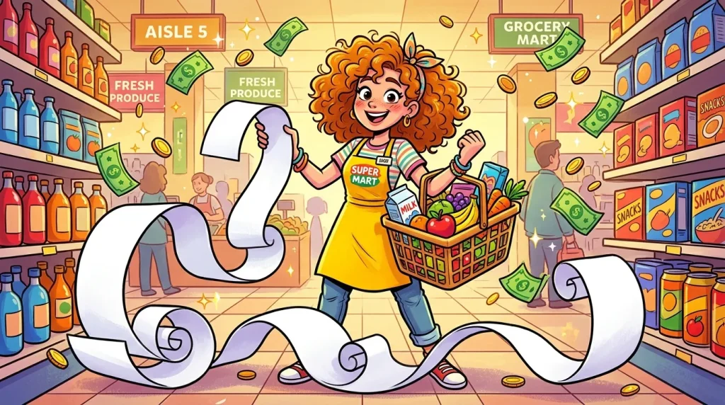 Femme joyeuse avec panier dans supermarché coloré