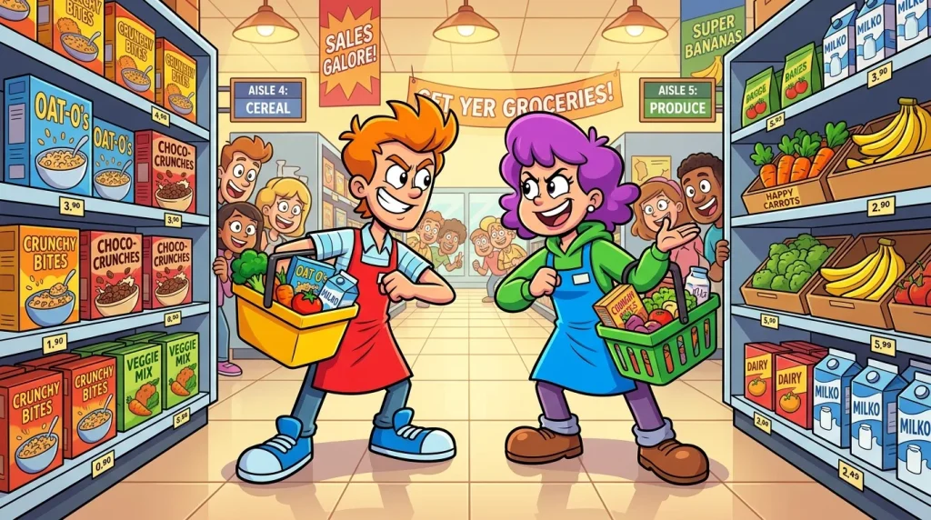 Deux personnages font leurs courses au supermarché coloré avec rayons variés.