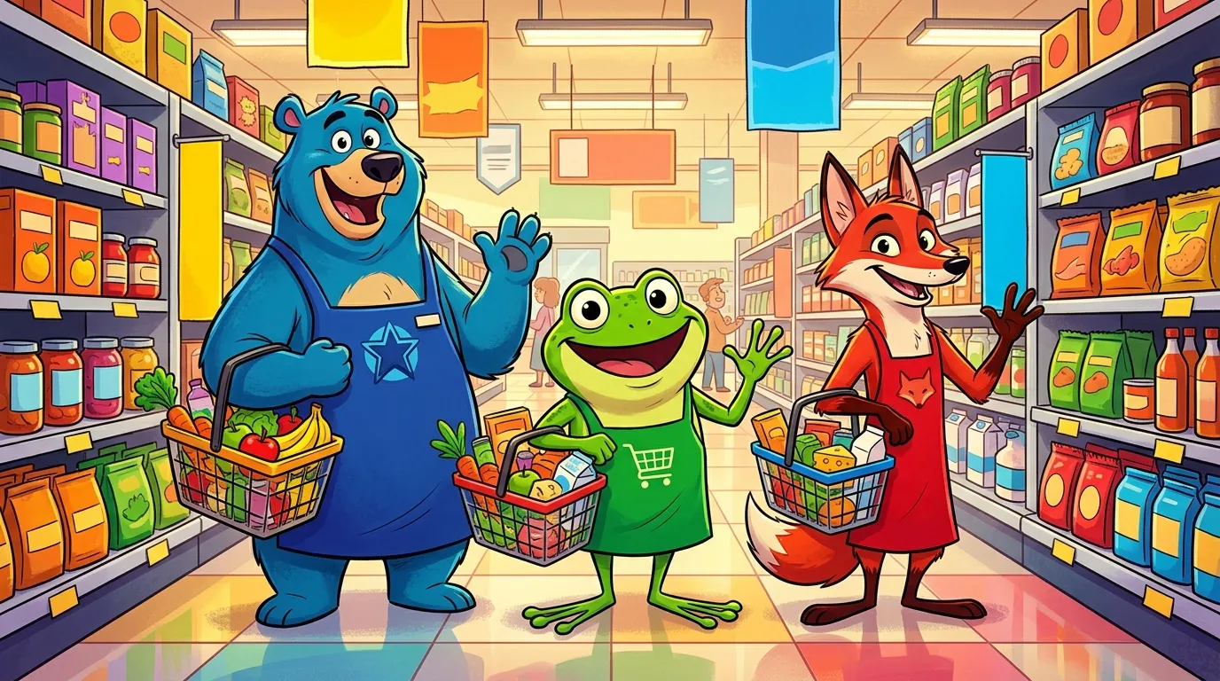 Ours bleu, grenouille verte et renard rouge font courses ensemble