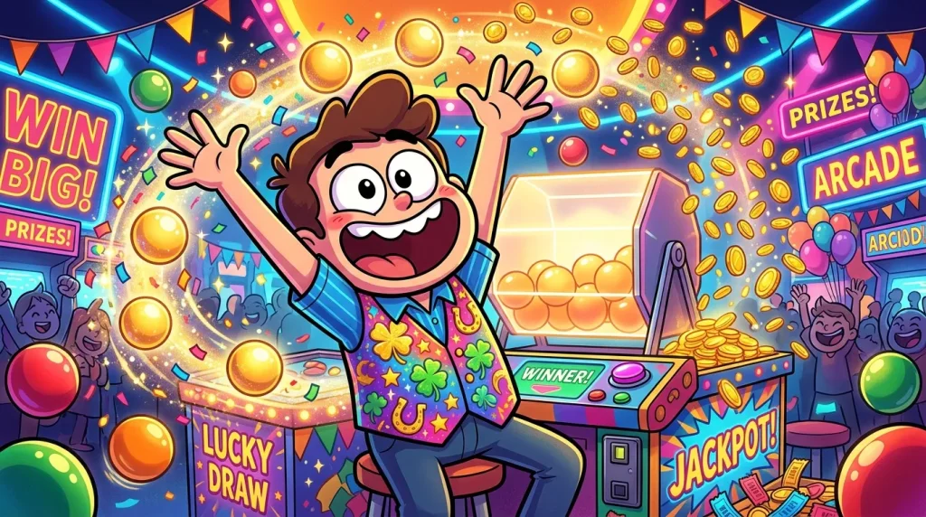 Jeune homme jubilant gagnant jackpot arcade avec pièces or