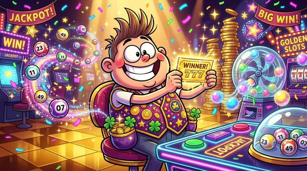 Personnage joyeux gagnant au casino avec pièces et 777