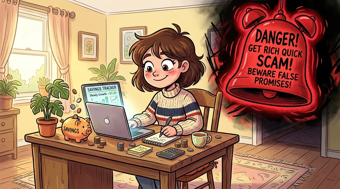 Femme à son bureau avec alarme contre les arnaques financières.